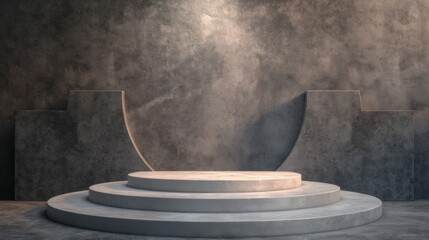 Wall Mural - A showcase with steps on a gray background.  An empty showcase for displaying goods. 3D rendering.