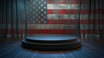 An empty podium - American flag background, minimalism, an empty showcase in front for displaying goods. 3D rendering.