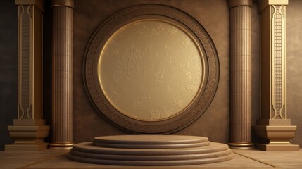Wall Mural - An empty antique round podium with steps, on a brown background with columns.  An empty showcase for displaying goods. 3D rendering.b