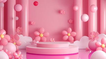 Wall Mural - An empty round pink podium, on a background of flowers from balloons.   An empty showcase for displaying goods. 3D rendering.