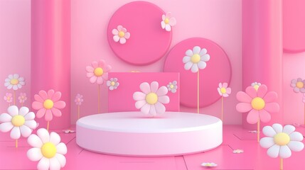 Wall Mural - An empty round pink podium, against a background of white flowers, An empty showcase for displaying goods. 3D rendering.