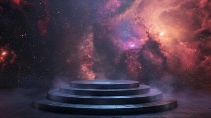 Wall Mural - Round podium in the center, space background. An empty showcase for displaying goods. 3D rendering.