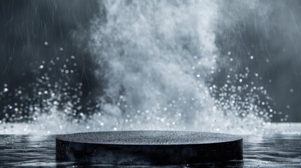Wall Mural - An empty black round podium on a background of splashes and steam.  An empty showcase for displaying goods. 3D rendering.b