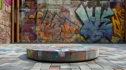 Wall Mural - An empty podium with a wall painted with colorful graffiti on the background, an empty showcase for displaying goods. 3D rendering.

