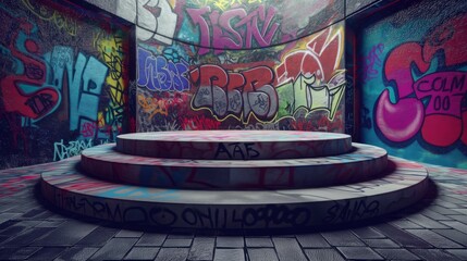 Wall Mural - An empty podium with a wall painted with colorful graffiti on the background, an empty showcase for displaying goods. 3D rendering.