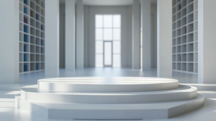 Wall Mural - An empty white circular podium against the background of a corridor and empty cupboards.   An empty showcase for displaying goods. 3D rendering.b