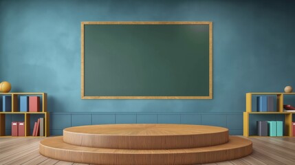 Wall Mural - A round podium on the background of a school classroom.  An empty showcase for displaying goods. 3D rendering.
