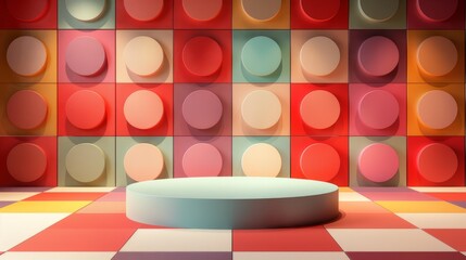 Wall Mural - A round podium on the background of a multicolored wall constructor.  An empty showcase for displaying goods. 3D rendering.