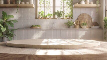 Wall Mural - An empty podium on the background of the kitchen interior, an empty showcase in front for displaying goods. 3D rendering.