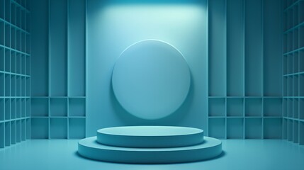 Wall Mural - A circular podium in the center of the blue room. An empty showcase for displaying goods. 3D rendering.