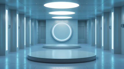 Wall Mural - A round podium in the center of a blue corridor, columns.  An empty showcase for displaying goods. 3D rendering.