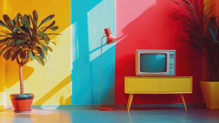 Wall Mural - Retro-styled room with colorful walls and vintage television set on yellow stand, next to potted plant