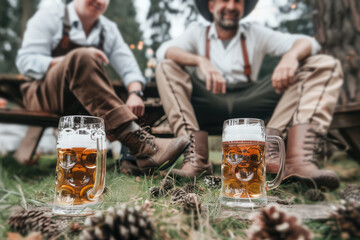 two beer mugs on the grass and blurry background of two smiling bavarian man