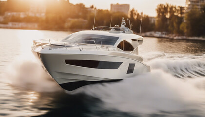 Wall Mural - speed boat vehicle yacht white, golden hour.
