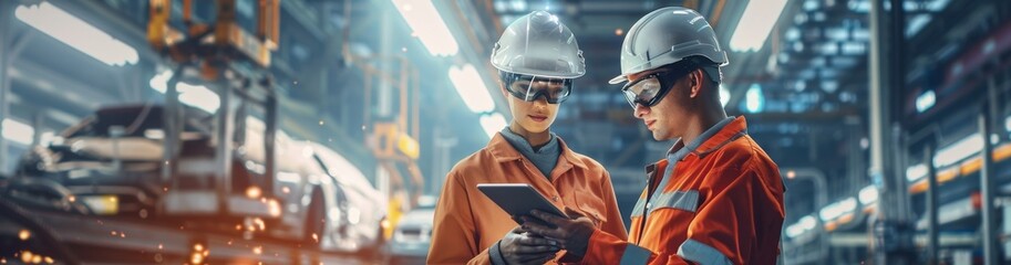 Poster - engineers collaborate in a cuttingedge automated factory, focusing on safety with advanced helmets a