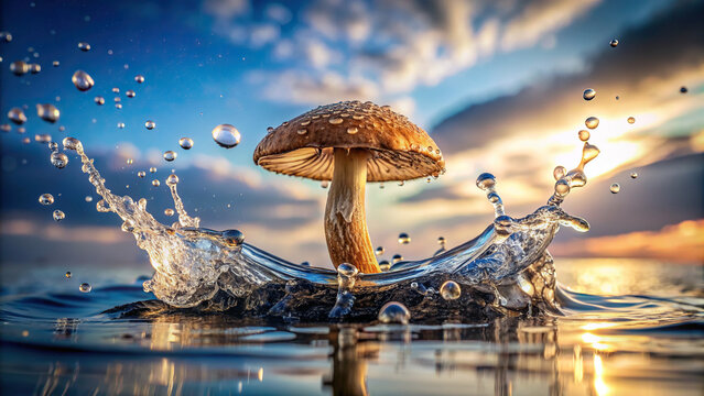 detailed shot of a mushroom dropping into water, creating a splash, with the sky visible in the back