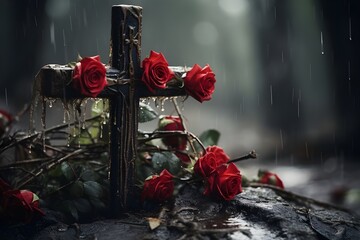Wall Mural - Eternal memory: a bouquet of red roses lay on the grave under the cross, against the background of washed away rain.
