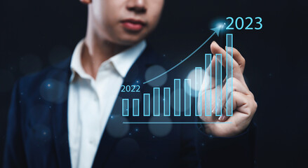 Poster - Businessman analyzing company's financial revenue and profit with value increasing charts calculation for new year, information computer system technology, using data to calculate business strategy.