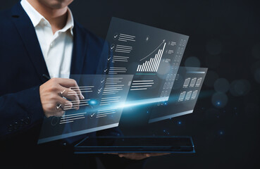 Poster - Businessman analyzing company's financial revenue and profit with value increasing charts, information computer system technology, using data to calculate business strategy, document share transfer.