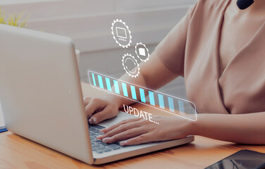 Poster - working in office desktop installing update system software for device operating systems to be up to
