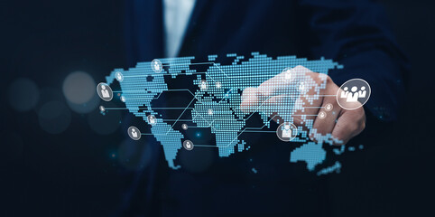 Poster - digital communication and collaboration with business people exchanging information data online meet