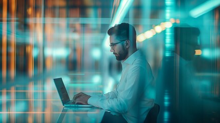 Poster - A man concentrates on his work at a sleek, modern office with natural light, creating a professional atmosphere. The setting is contemporary and highlights his focus on technology
