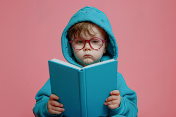 Sticker - a child in a blue hoodie, wearing oversized glasses, engrossed in a turquoise-covered book, set against a plain pink background