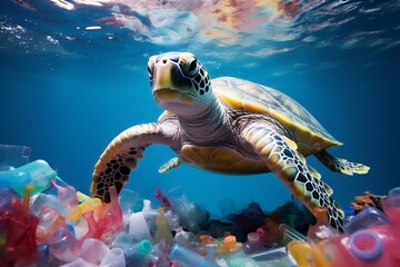 Wall Mural - A sea turtle swims in an ocean polluted with colorful plastic debris, highlighted against a clear blue underwater background.