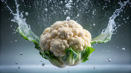 An overhead view of a cauliflower floret being dropped into water, creating a beautiful splash with droplets frozen in motion