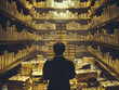 © Porawit - The image is a dark room filled with gold bars. A man is standing in the middle of the room, looking at the gold bars. The image is very dark and mysterious.