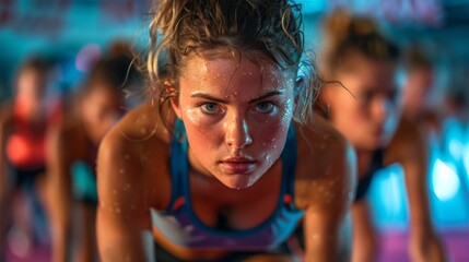 Photo of participants in a HIIT bootcamp, with a coach motivating them and close-ups of sweat and effort.