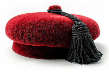 A red hat with a black tassel on it