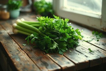 Wall Mural - Fresh Parsley Bunch on Rustic Wooden Table by Sunny Kitchen Window