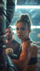 Wall Mural - a boxing session, a woman with a resolute stance ready to strike the punchbag, her coach guiding from behind.