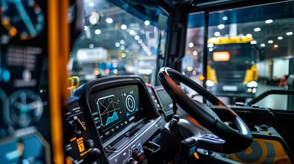 Wall Mural - Photo of an electric crane truck prototype with AI inscription displayed on its control panel, showcasing AI integration in crane operation and automation