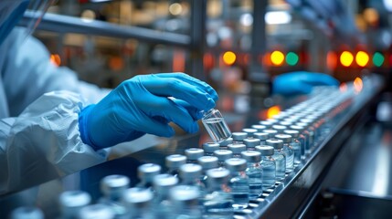 Poster - A lab technician in a pharmaceutical production line manages vials ensuring quality control and safety. The workplace is crucial for medical and scientific research and innovation