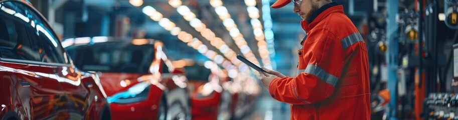 Poster - An automotive engineer in a hightech uniform conducts advanced vehicle inspections at a cuttingedge assembly plant, utilizing modern technology and digital tablets for detailed assessments