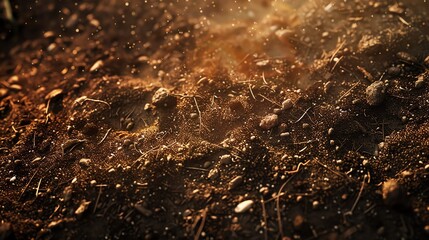 Closeup of rich, dark soil with small pebbles and roots, sunlight casting soft shadows, macro lens, natural texture details, earthy tones