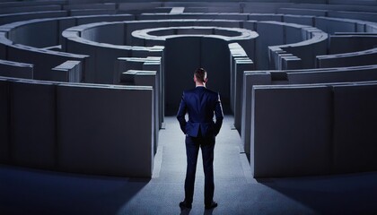 Businessman standing in front of the entrance to the maze