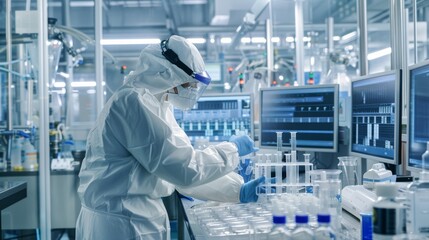 Poster - A scientist is seen conducting research in a hightech laboratory while wearing protective gear. The scientist is deep in work surrounded by data, computer screens, and various lab equipment