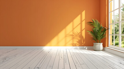 Wall Mural - A minimalistic interior design with bright orange walls, white floor, and natural sunlight casting shadows