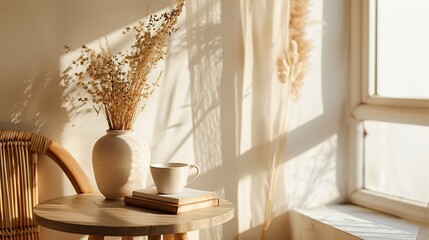 Poster - Wooden table desk near window Modern organic shaped vase with dry flowers grass Cup of tea coffee old books Rattan chair at home Minimal Scandi boho interior Beige wall background mock : Generative AI
