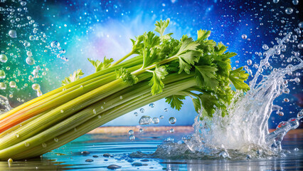 Wall Mural - Close-up view of a water splash hitting a bundle of celery stalks, with a rainbow background creating a visually appealing contrast.