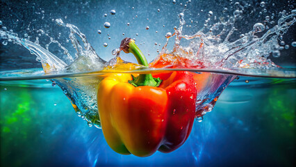 Wall Mural - A macro shot of a crisp bell pepper being submerged in water, creating a stunning splash with a background of vivid rainbow hues.