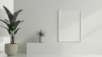 Poster - Blank empty picture frame mockup on white wall Artwork in interior design Modern boho style interior with poster template : Generative AI