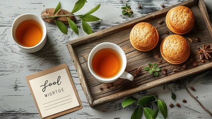 Cup of tea with cakes on wooden tray isolated on white,a card with a wish Good morning.