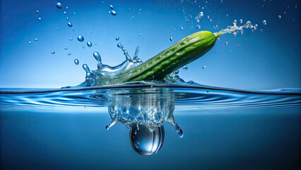 Wall Mural - Close-up shot of a cucumber being dropped into water, creating a mesmerizing splash with ripples against a calming blue background