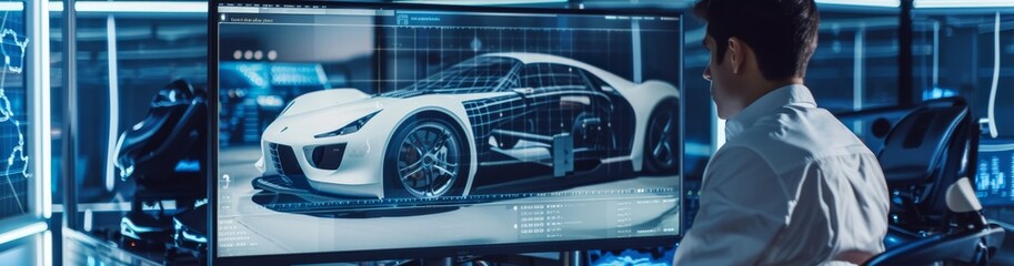 Poster - In a cuttingedge technology lab, a professional engineer is creating a futuristic car concept using innovative tools, precision engineering, and virtual workspaces for design process