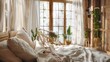 © The Little Hut - Rustic home design with ethnic decoration Bed with pillows wooden furniture plants in pots armchair and curtains on large windows in cozy bedroom interior nobody flat lay panorama free : Generative AI