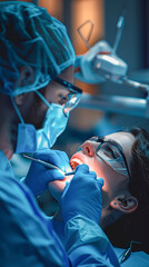 Wall Mural - a dental consultation, with a patient beaming at the camera while receiving a dental treatment.